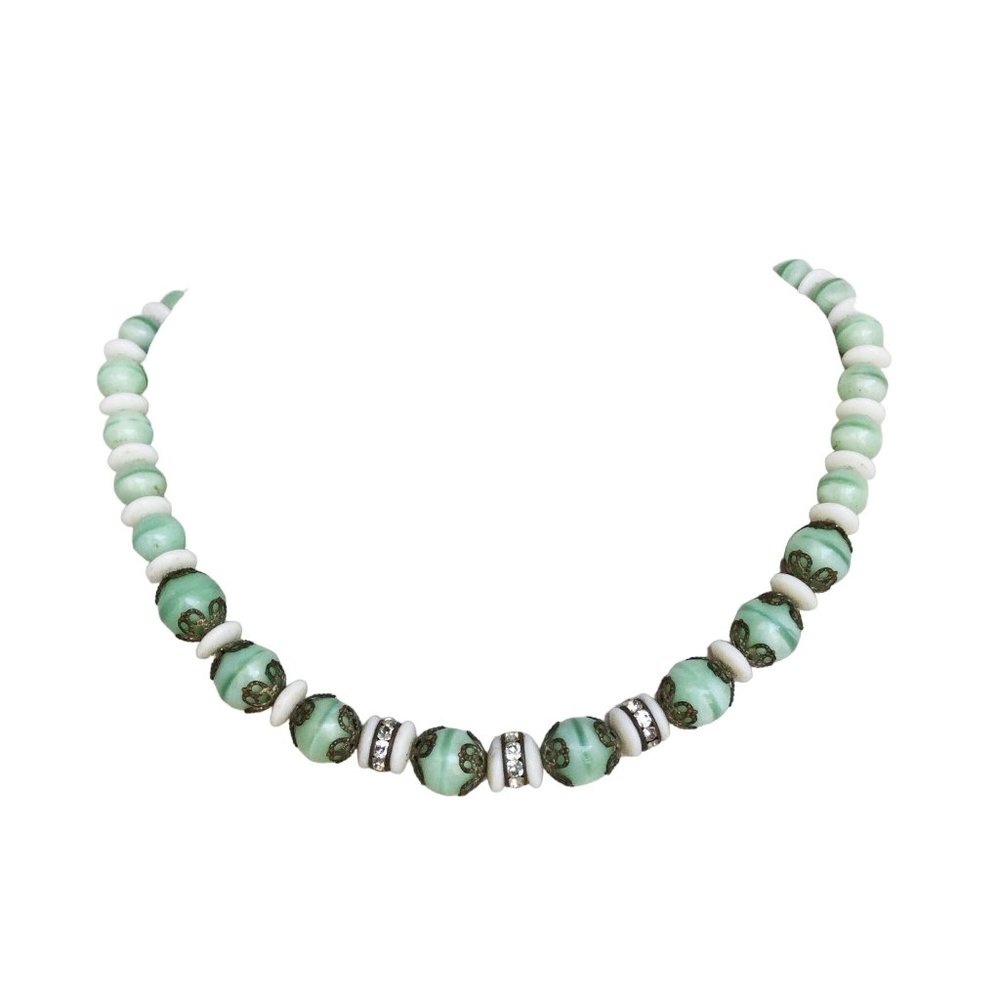 Aqua Green Glass Beads Necklace Retro Vintage Pastel Beads Choker Short Necklace